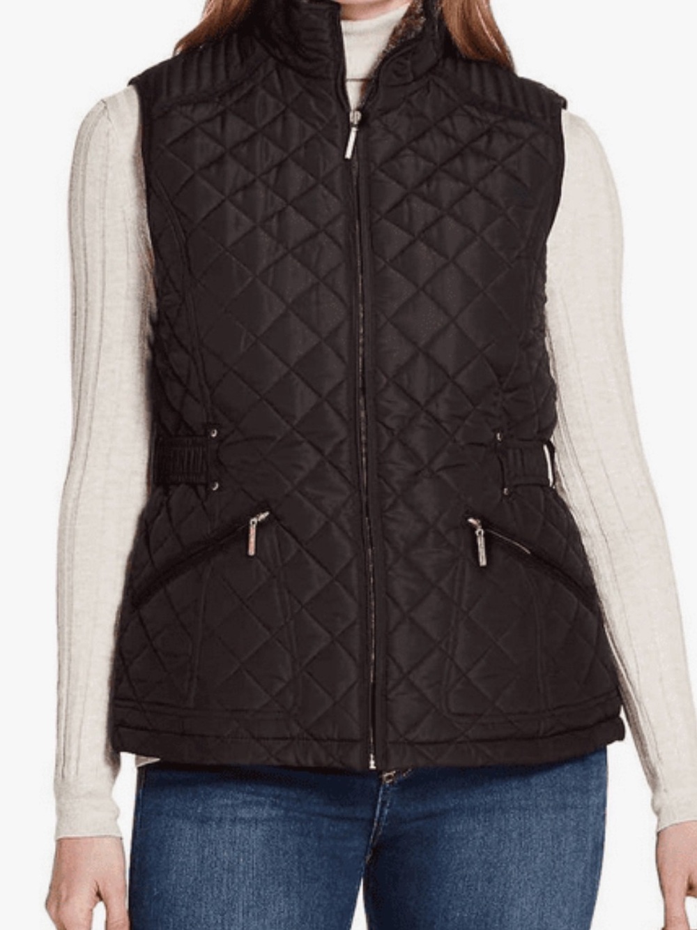 Weatherproof Black Quilted Puffer Vest
Faux FurLined Gold Zip Women's
Medium